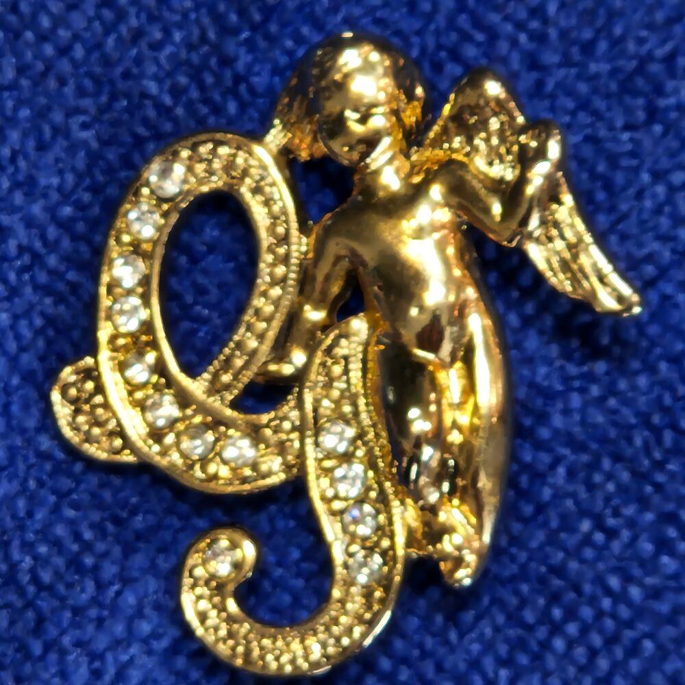 Vintage Gerry's Signed Gold Tone Cherub Angel Pin with Rhinestones